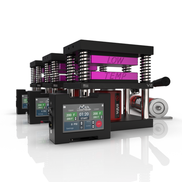 Lowtemp 3 Press Medusa System with BVA P1000 Pump featuring purple rosin press plates and LT3 touchscreen controller