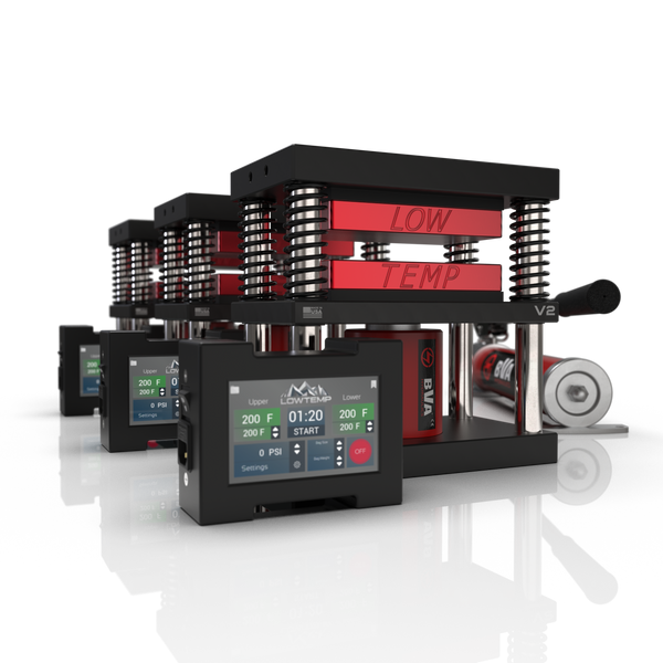 Lowtemp 3 Press Medusa System with BVA P1000 Pump featuring red rosin press plates and LT3 touchscreen controller