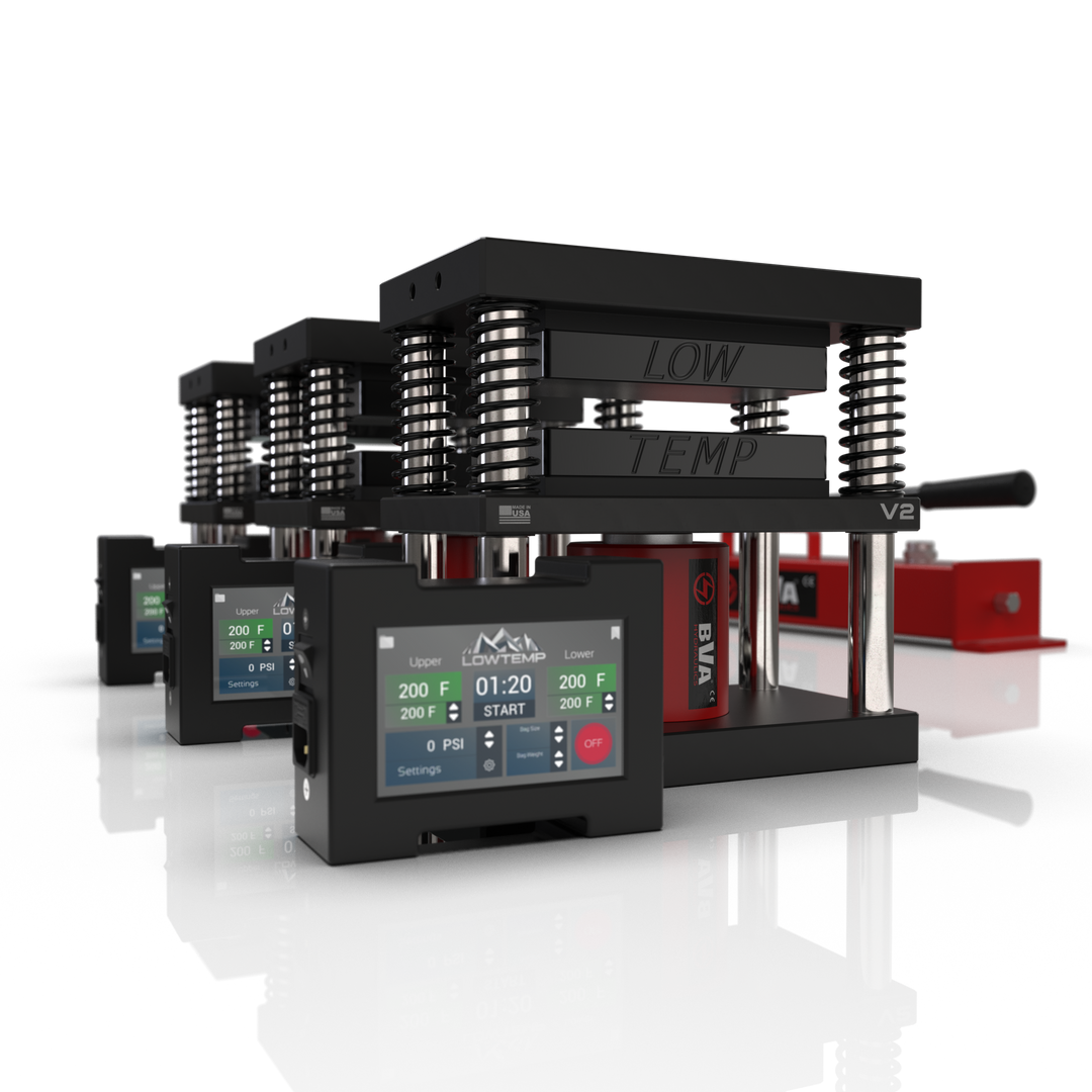 Lowtemp 3 Press Medusa System with BVA P2801 Pump featuring black rosin press plates and LT3 touchscreen controller