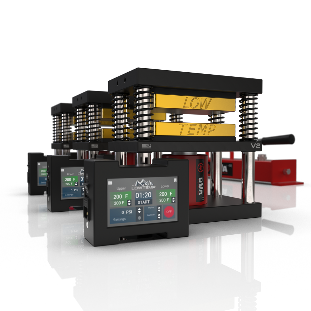 Lowtemp 3 Press Medusa System with BVA P2801 Pump featuring gold rosin press plates and LT3 touchscreen controller