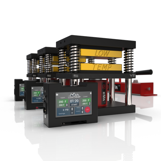 Lowtemp 3 Press Medusa System with BVA P2801 Pump featuring gold rosin press plates and LT3 touchscreen controller