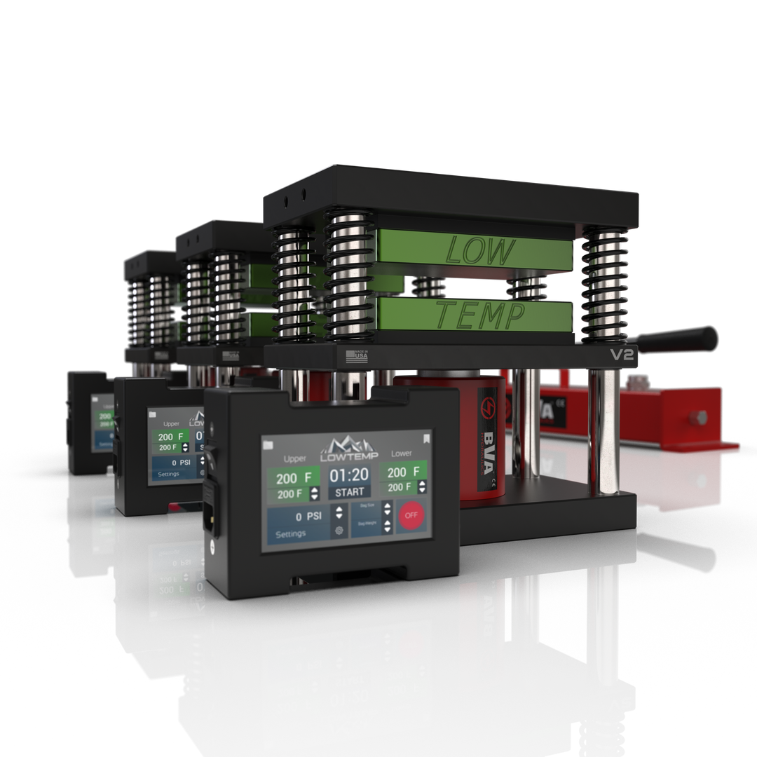 Lowtemp 3 Press Medusa System with BVA P2801 Pump featuring green rosin press plates and LT3 touchscreen controller