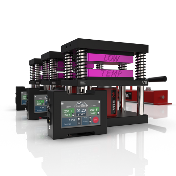 Lowtemp 3 Press Medusa System with BVA P2801 Pump featuring purple rosin press plates and LT3 touchscreen controller