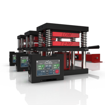 Lowtemp 3 Press Medusa System with BVAP2801 Pump featuring red rosin press plates and LT3 touchscreen controller
