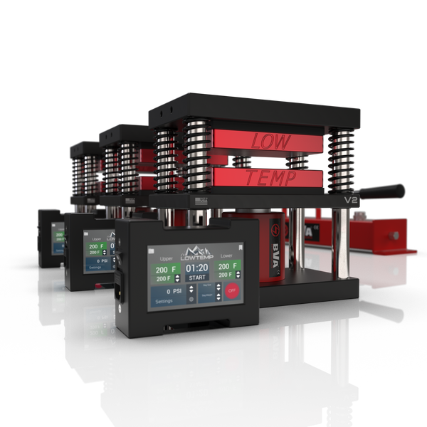 Lowtemp 3 Press Medusa System with BVAP2801 Pump featuring red rosin press plates and LT3 touchscreen controller
