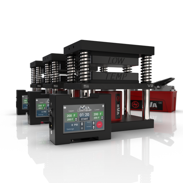 Lowtemp 3 Press Medusa System with BVA PA1500 Pump featuring black rosin press plates and LT3 touchscreen controller