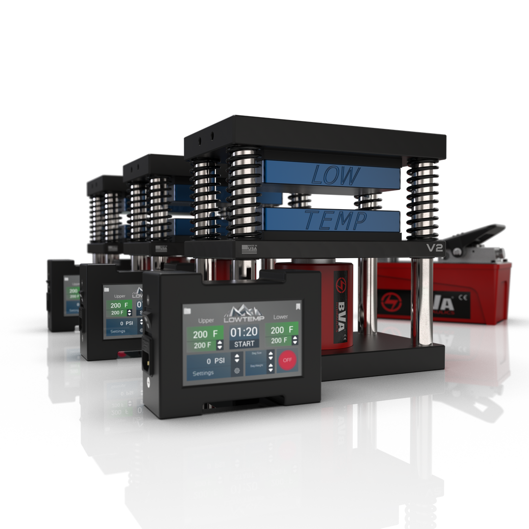 Lowtemp 3 Press Medusa System with BVA PA1500 Pump featuring blue rosin press plates and LT3 touchscreen controller