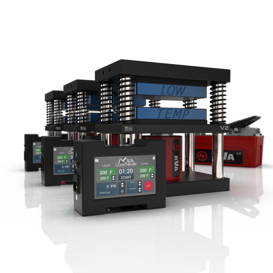 Lowtemp 3 Press Medusa System with BVA PA1500 Pump featuring blue rosin press plates and LT3 touchscreen controller
