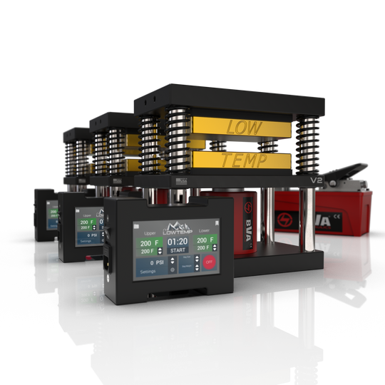Lowtemp 3 Press Medusa System with BVA PA1500 Pump featuring gold rosin press plates and LT3 touchscreen controller