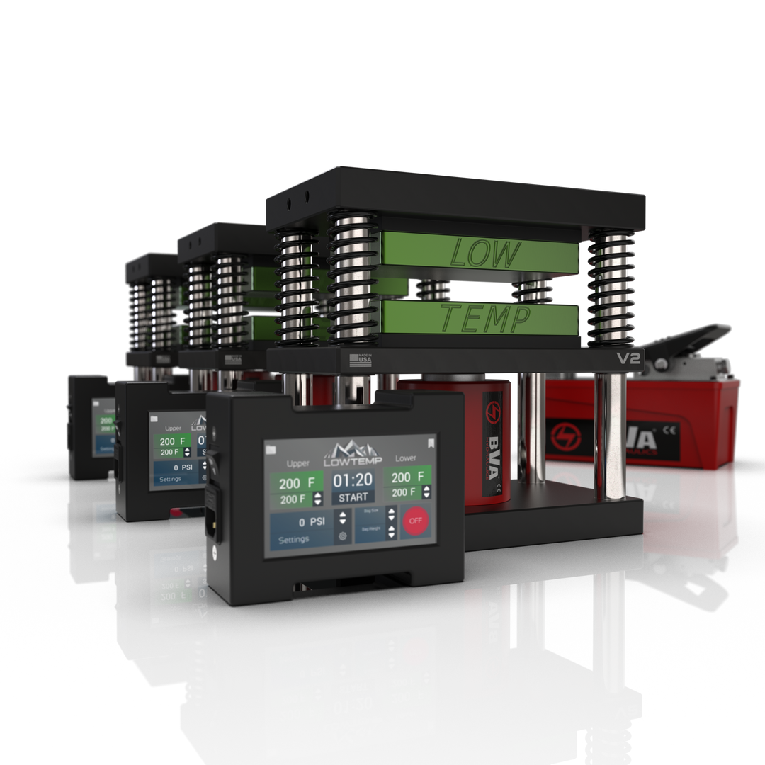 Lowtemp 3 Press Medusa System with BVA PA1500 Pump featuring green rosin press plates and LT3 touchscreen controller