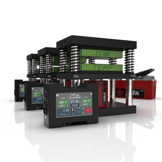 Lowtemp 3 Press Medusa System with BVA PA1500 Pump featuring green rosin press plates and LT3 touchscreen controller