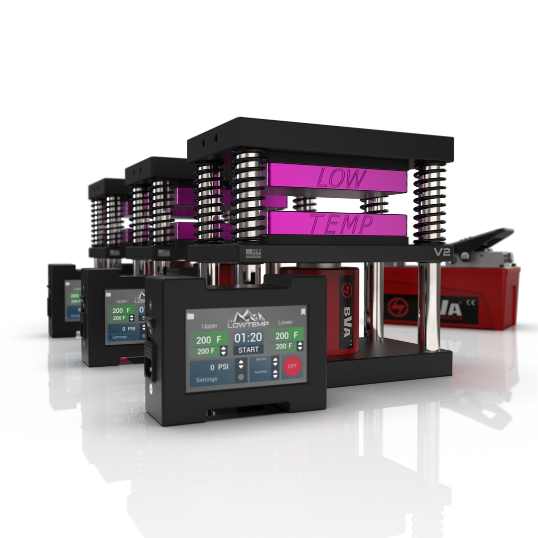 Lowtemp 3 Press Medusa System with BVA PA1500 Pump featuring purple rosin press plates and LT3 touchscreen controller