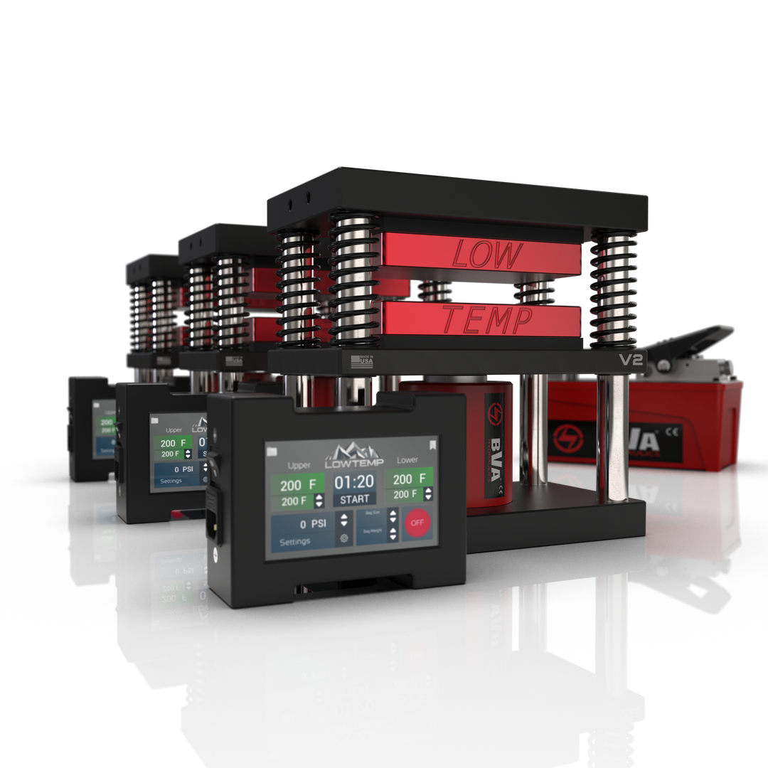 Lowtemp 3 Press Medusa System with BVA PA1500 Pump featuring red rosin press plates and LT3 touchscreen controller