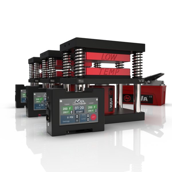 Lowtemp 3 Press Medusa System with BVA PA1500 Pump featuring red rosin press plates and LT3 touchscreen controller