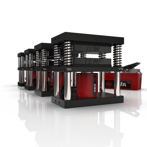 Lowtemp 4 Press Medusa System with black rosin press plates and red BVA Air Pump