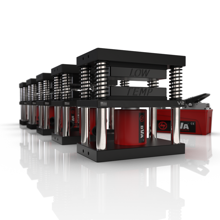 Lowtemp 5 Press Medusa System with BVA Air Pump featuring black rosin press plates and LT3 touchscreen controller