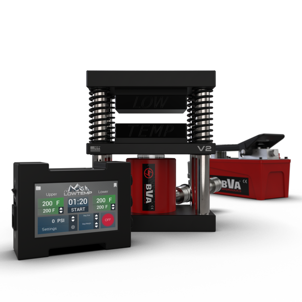 Lowtemp 3x5 V2 Rosin Press Bundle with black plates, hydraulic air pump, and LT3 controller