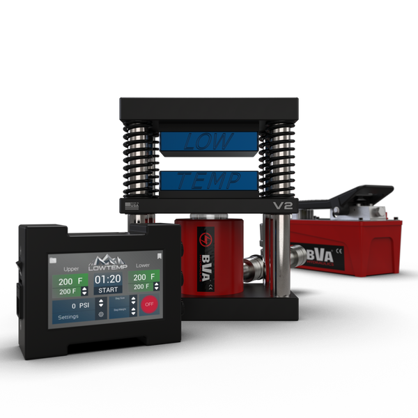 Lowtemp 3x5 V2 Rosin Press Bundle with blue plates, hydraulic air pump, and LT3 controller