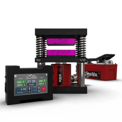 Lowtemp 3x5 V2 Rosin Press Bundle with purple plates, hydraulic air pump, and LT3 controller