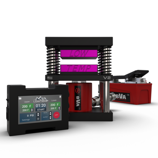 Lowtemp 3x5 V2 Rosin Press Bundle with purple plates, hydraulic air pump, and LT3 controller