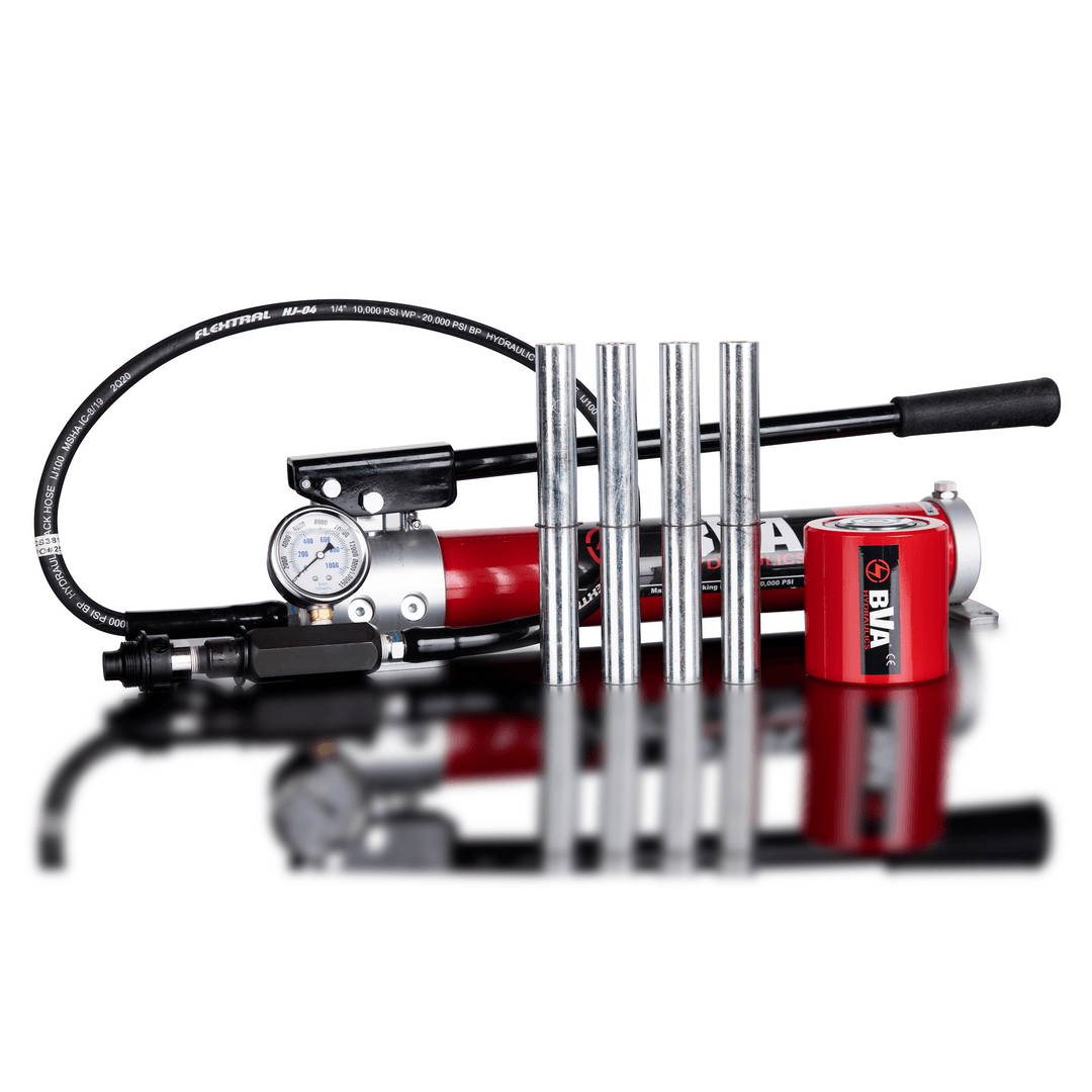 Handheld air compressor with hose and gauge on a white background