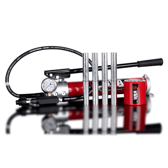 Handheld air compressor with hose and gauge on a white background