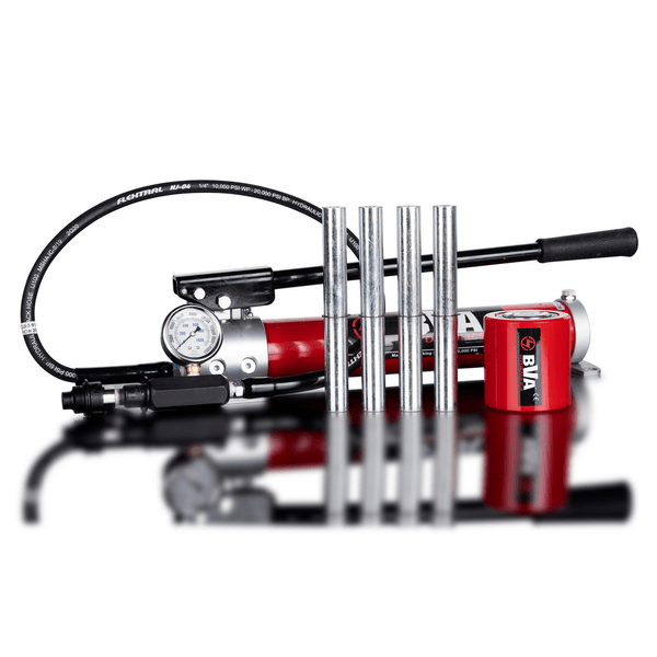 Handheld air compressor with hose and gauge on a white background