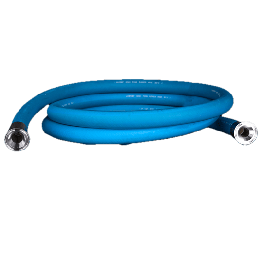 Coiled blue garden hose with silver connectors on a white background
