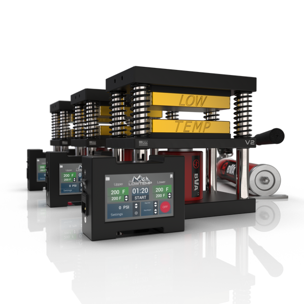 Lowtemp 3 Press Medusa System with BVA P2801 Pump featuring gold rosin press plates and LT3 touchscreen controller