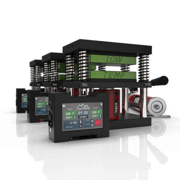 Lowtemp 3 Press Medusa System with BVA P1000 Pump featuring green rosin press plates and LT3 touchscreen controller