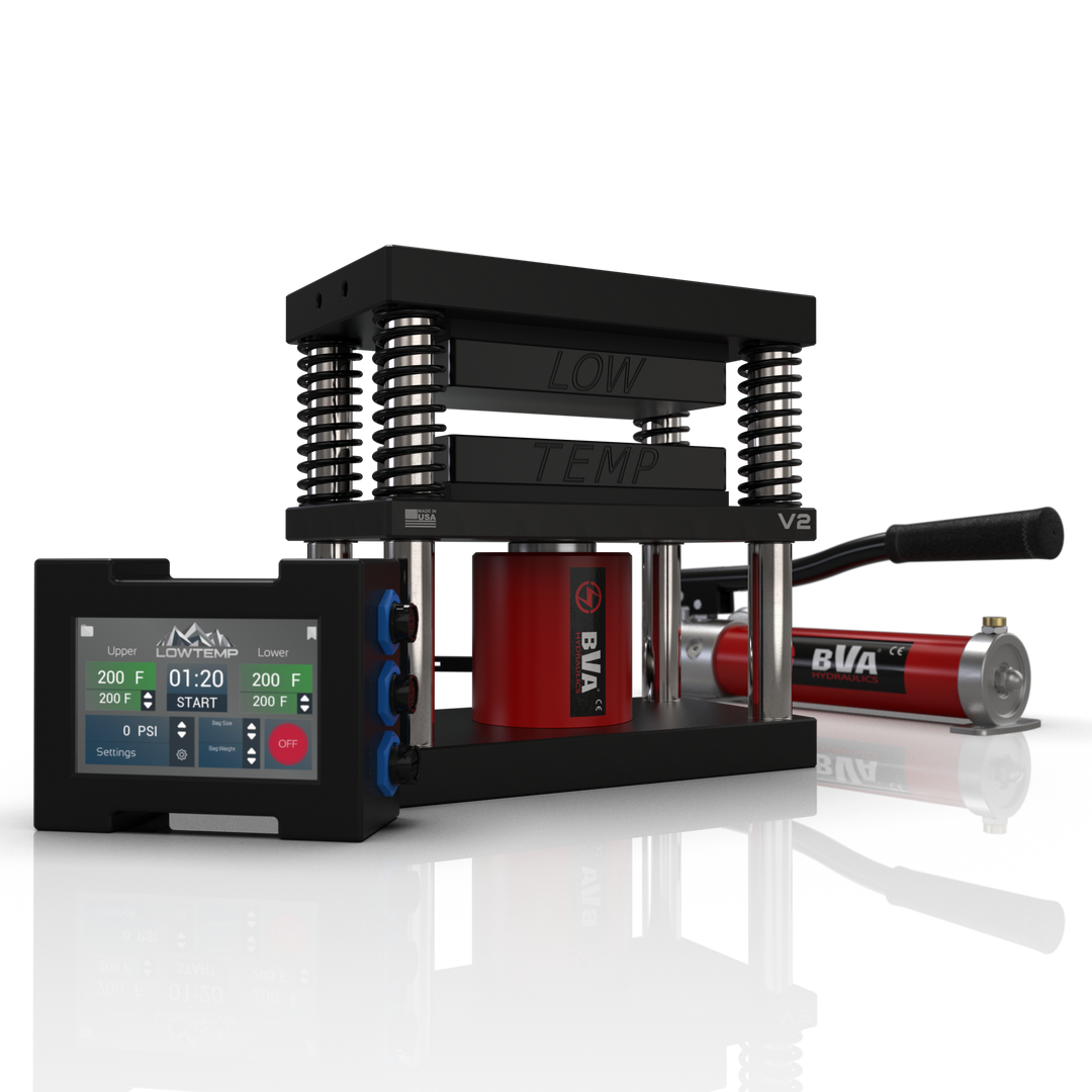 Black 4x7 Lowtemp Industries Rosin Press with Compact Pump and LT3 Controller