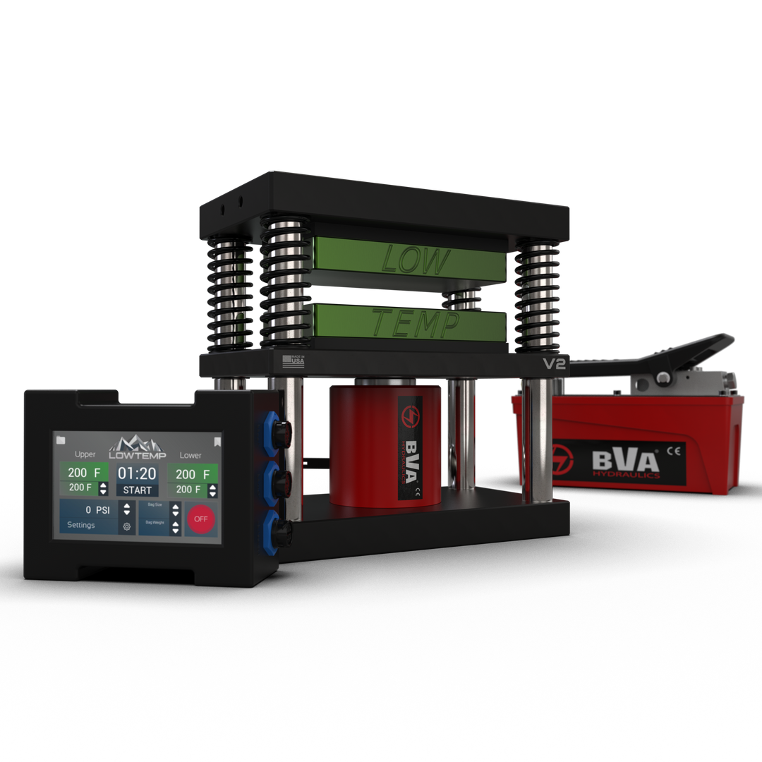 Green 4x7 Lowtemp Industries Rosin Press with Air Pump and LT3 Controller
