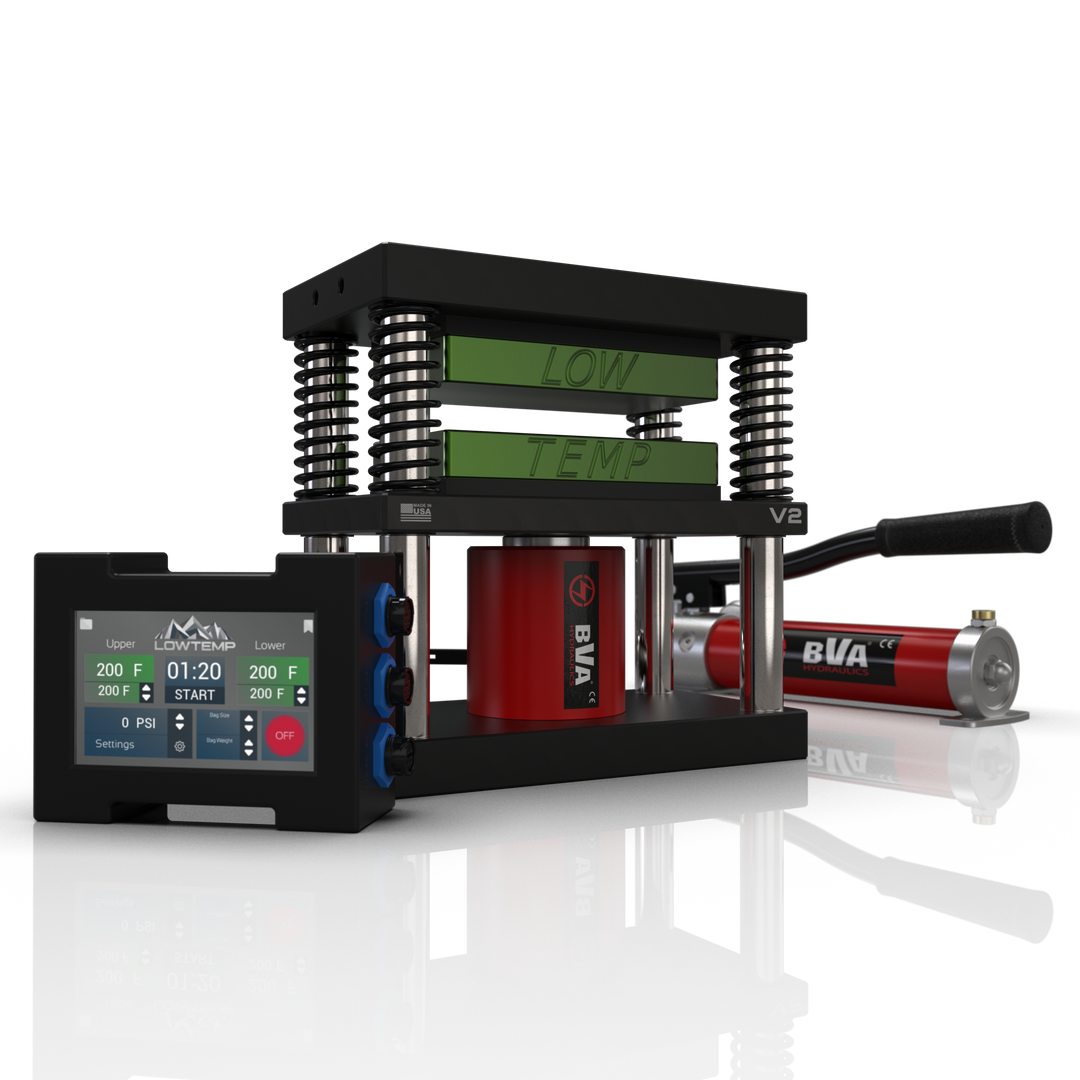 Green 4x7 Lowtemp Industries Rosin Press with Compact Pump and LT3 Controller