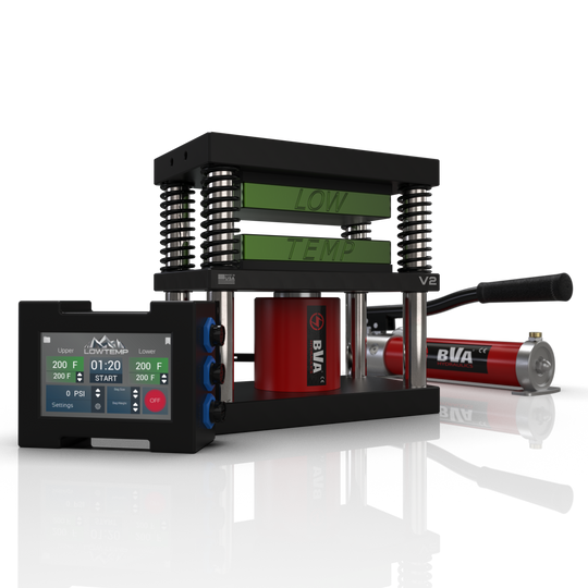 Green 4x7 Lowtemp Industries Rosin Press with Compact Pump and LT3 Controller