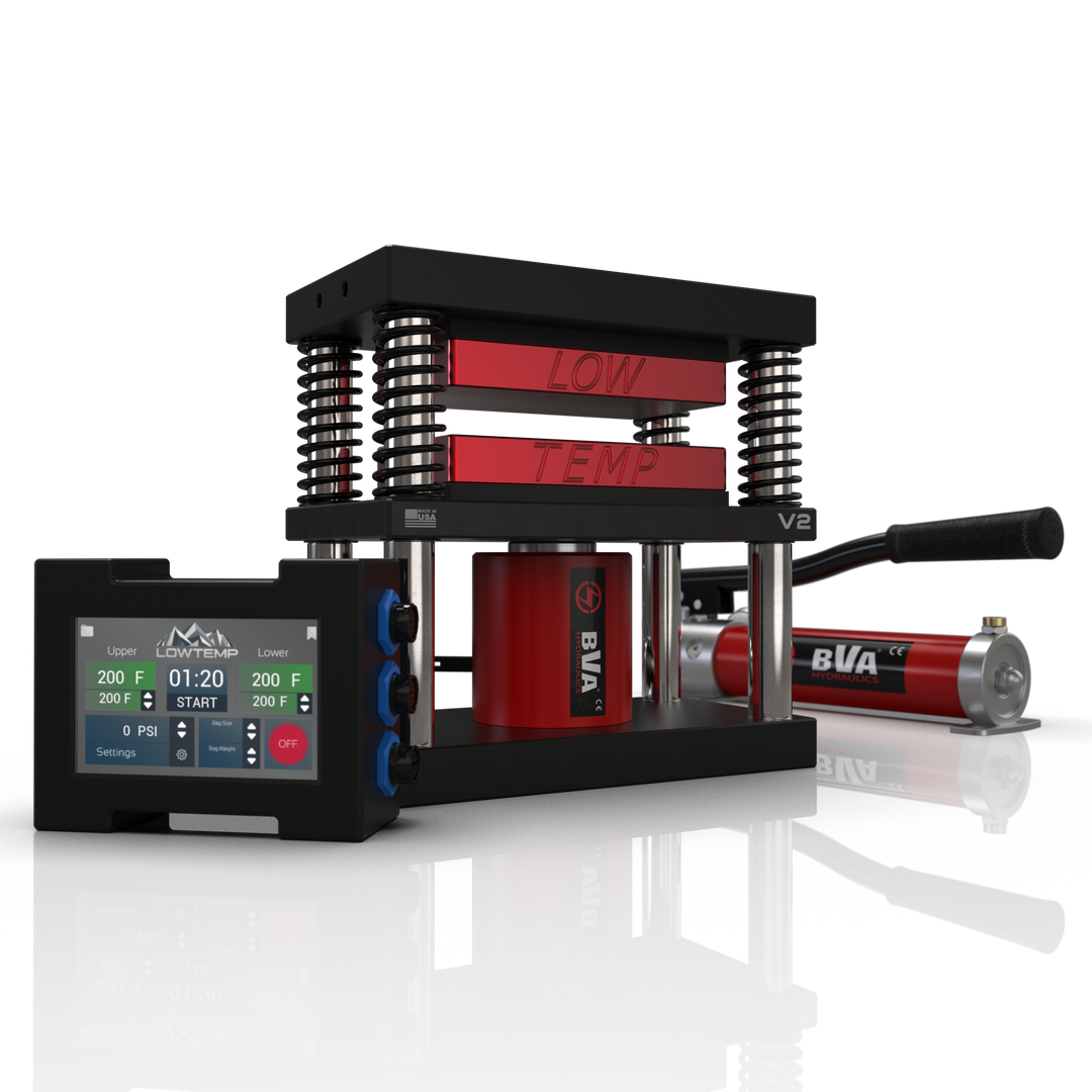 Red 4x7 Lowtemp Industries Rosin Press with Compact Pump and LT3 Controller
